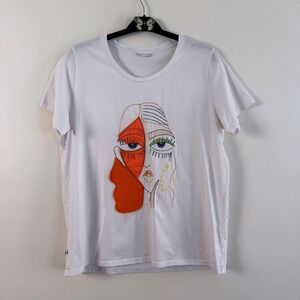 CARRELI Women's White Graphic Tee Abstract Face Embroidered T Shirt Size XXL